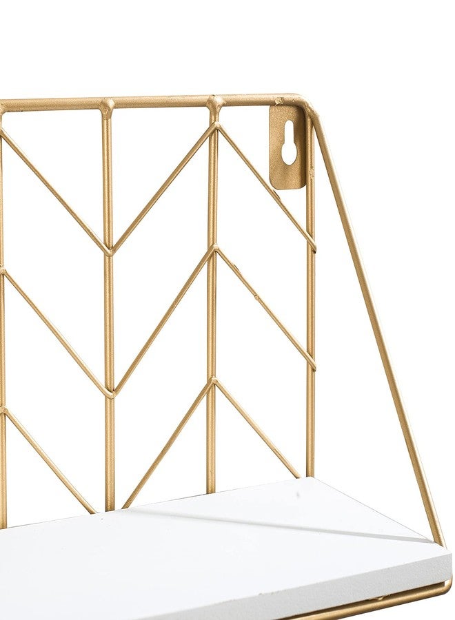 ZGZD White Versatile Wood Floating Shelf with Gold Metal Wire Frame - Stylish Wall Decor and Storage Solution for Living Room, Bedroom, Bathroom, Kitchen, Office, Set of 2 - Image 4